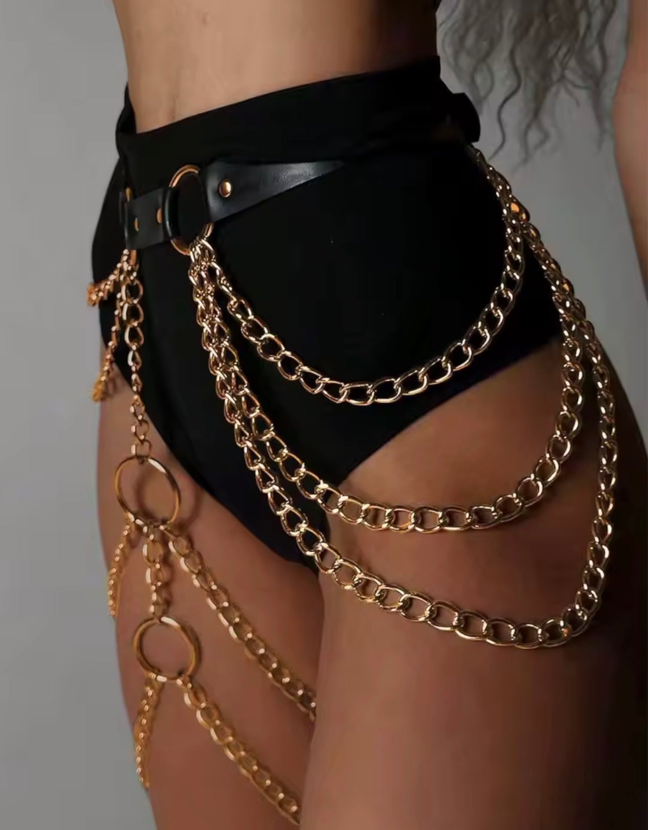 Leather Gold Chain Harness Belt: Detachable Goth Waist Belt