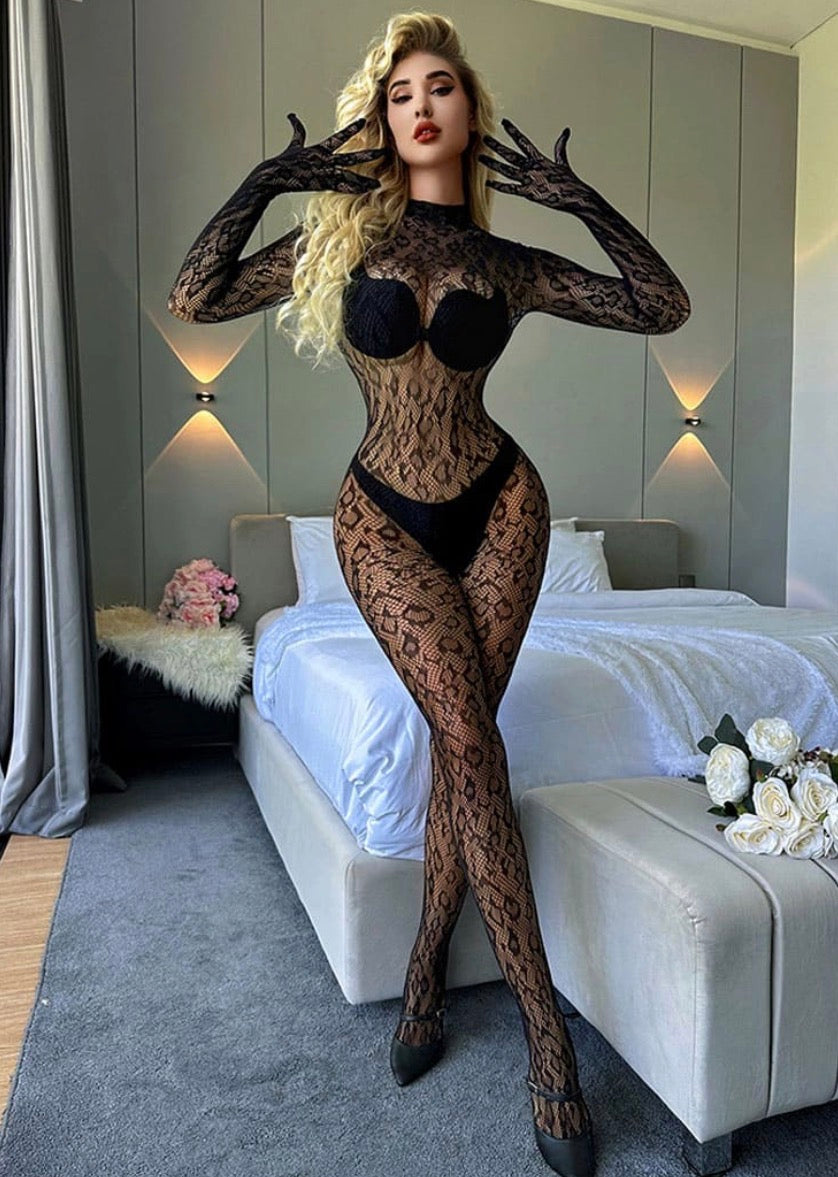 Black Leopard Mesh Bodysuit with Open Back