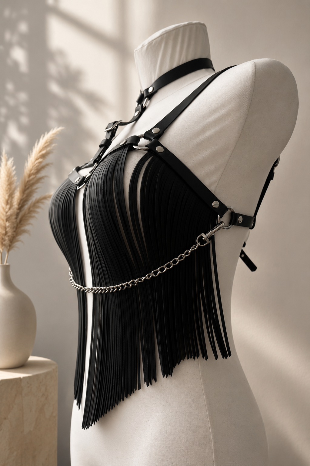 Black Fringe Harness Top – Festival Statement Body Harness chain