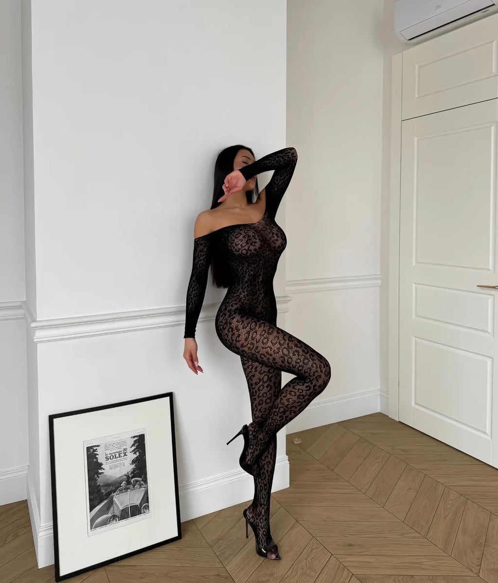 Off-Shoulder Lace Bodystocking – Black
