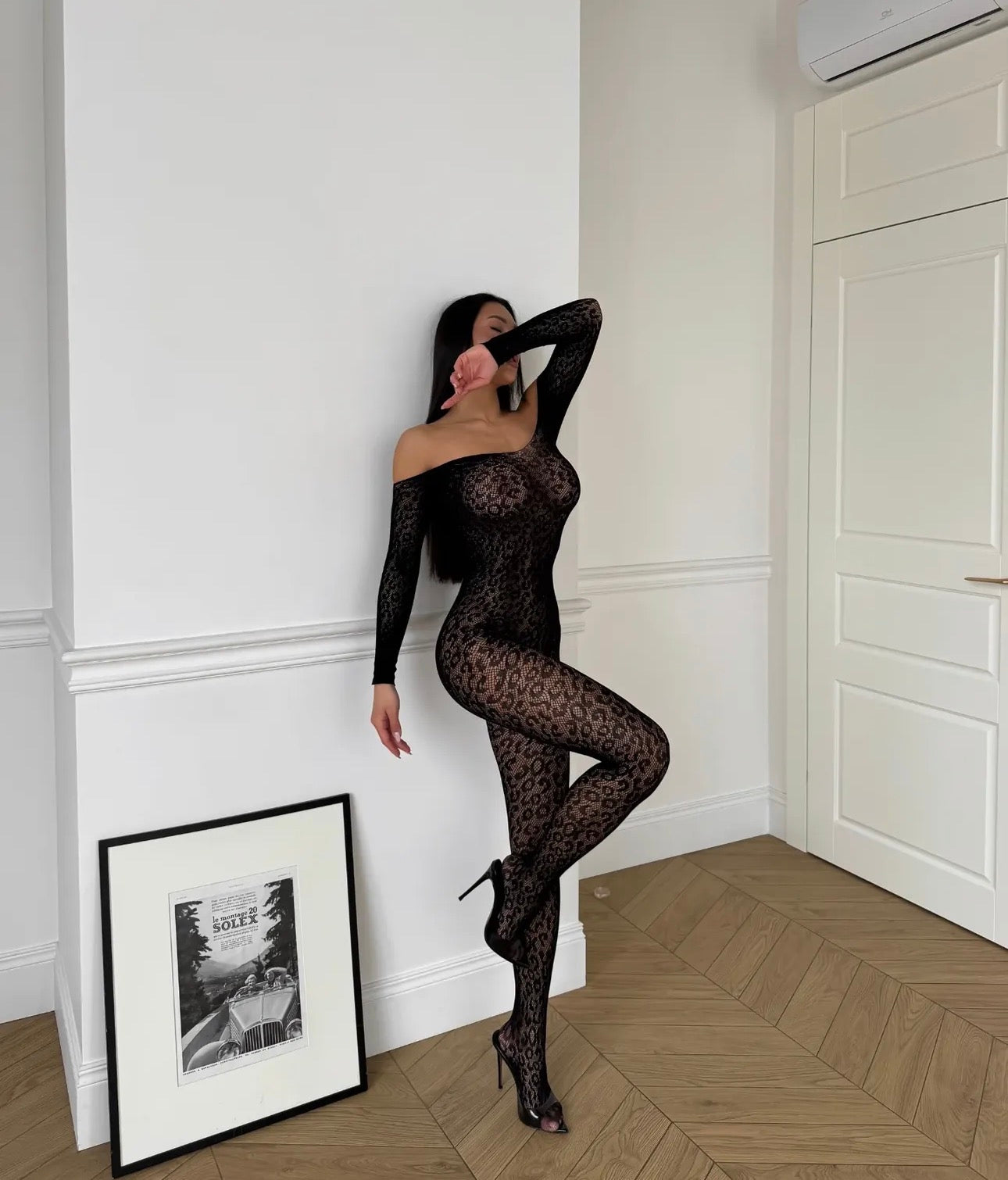 Off-Shoulder Lace Bodystocking – Black