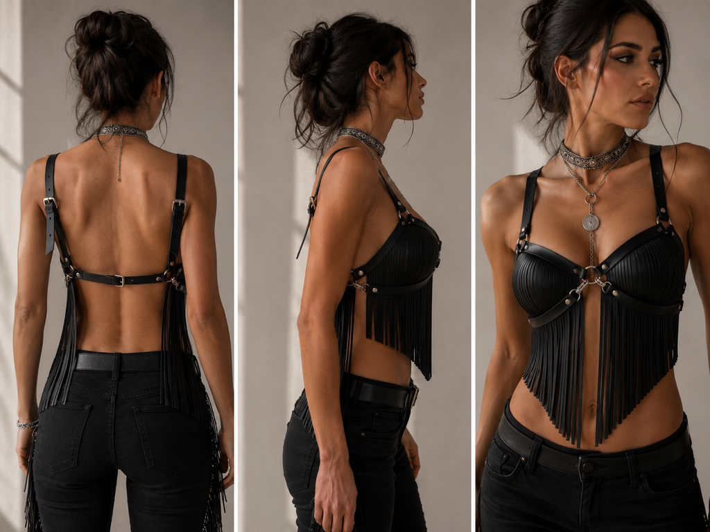 Black Fringe Harness Top – Festival Statement Body Harness