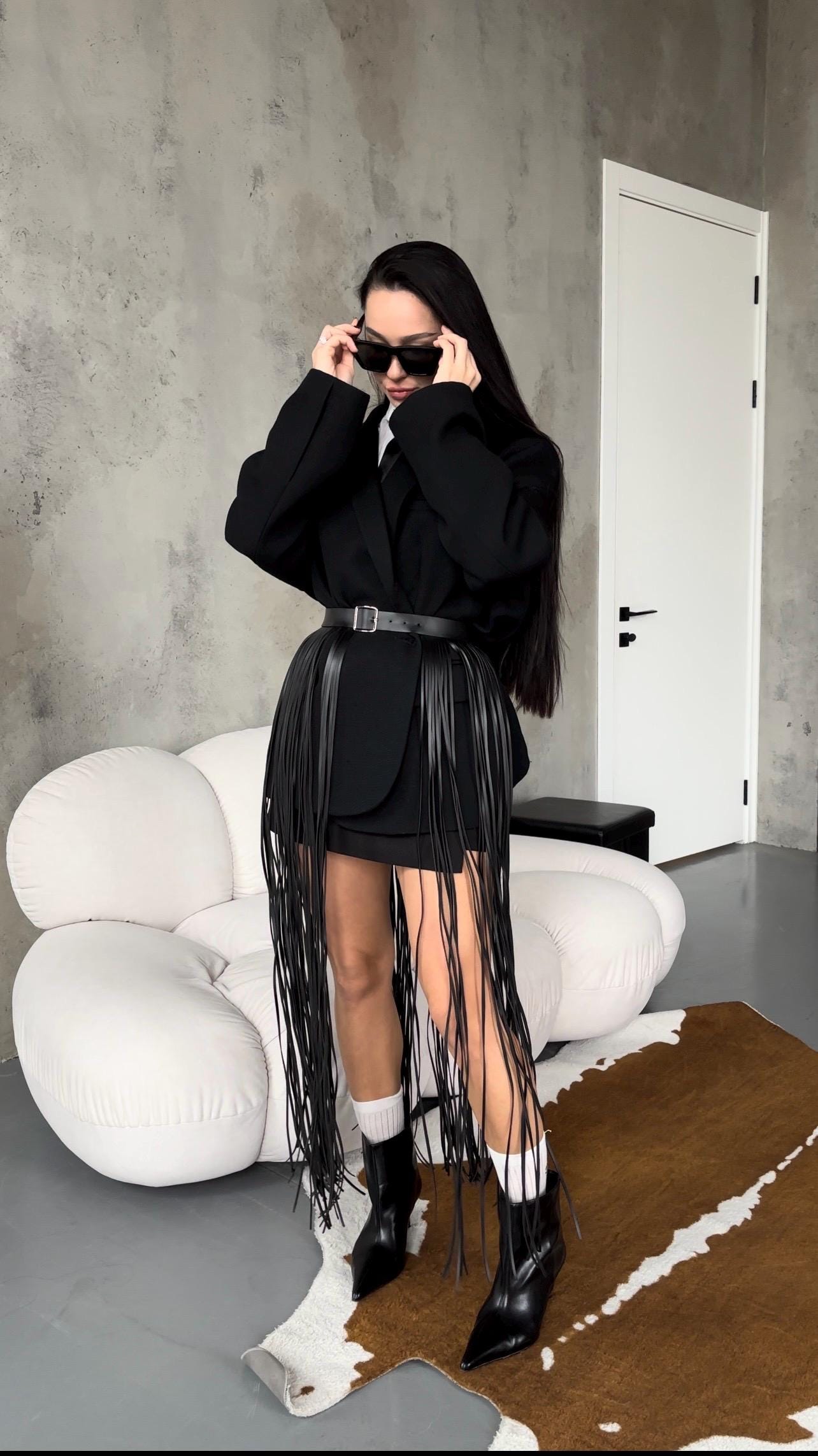 Long Fringe Vegan Leather Belt: Adjustable Waist, 90cm Fringe