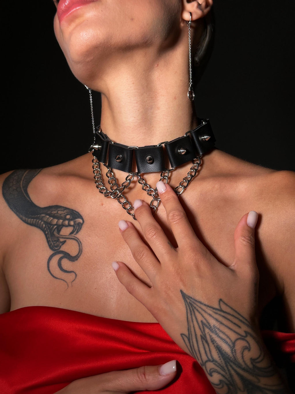 Vegan Leather Choker with Spikes and Chains – Edgy Statement Necklace
