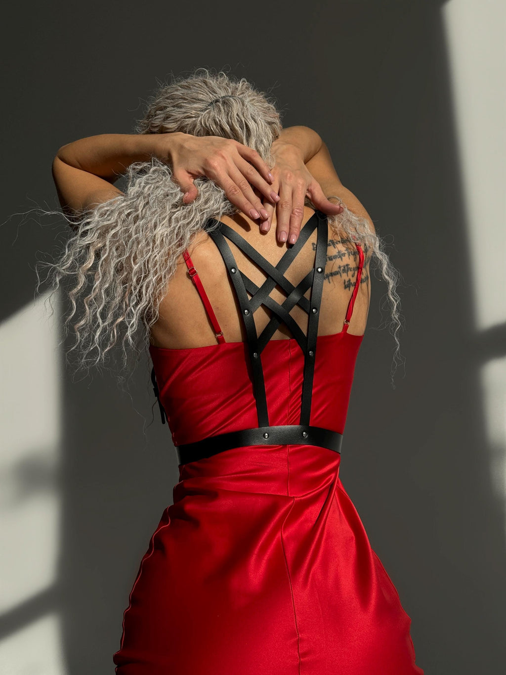 Black Leather Harness with Back Pattern — Elegant Statement Piece