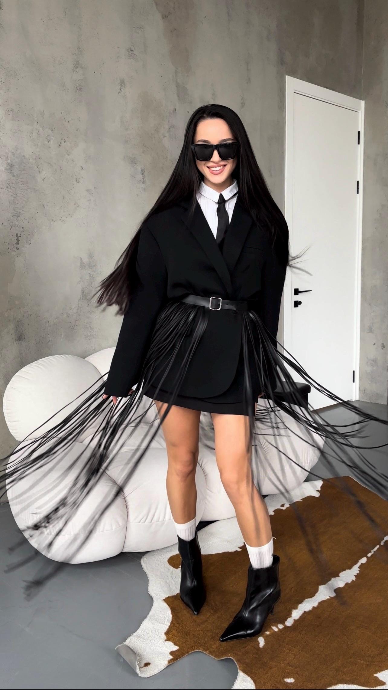 Long Fringe Vegan Leather Belt: Adjustable Waist, 90cm Fringe