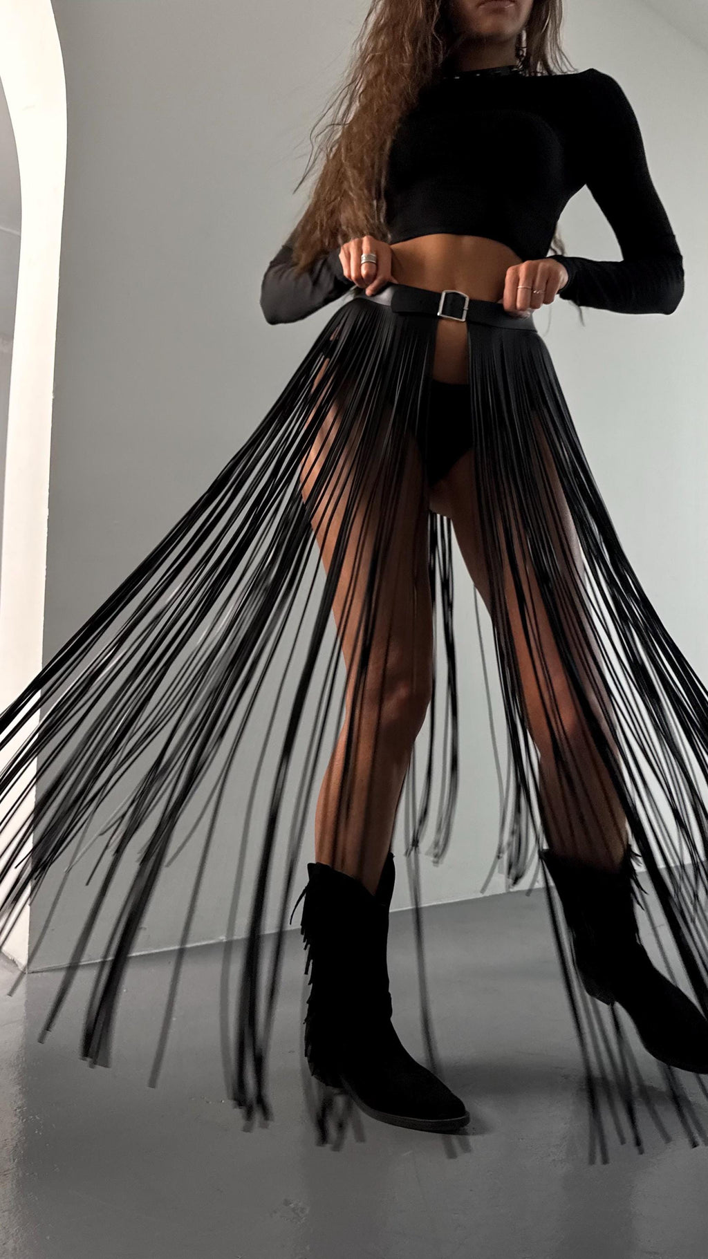 Long Vegan Leather 130 cm Fringe Belt : Adjustable Statement Piece