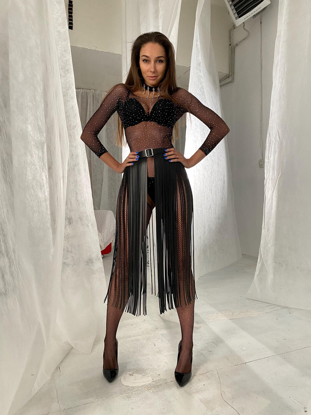 Vegan Leather 80cm Fringe Belt: Adjustable Floor-Length Statement Piece
