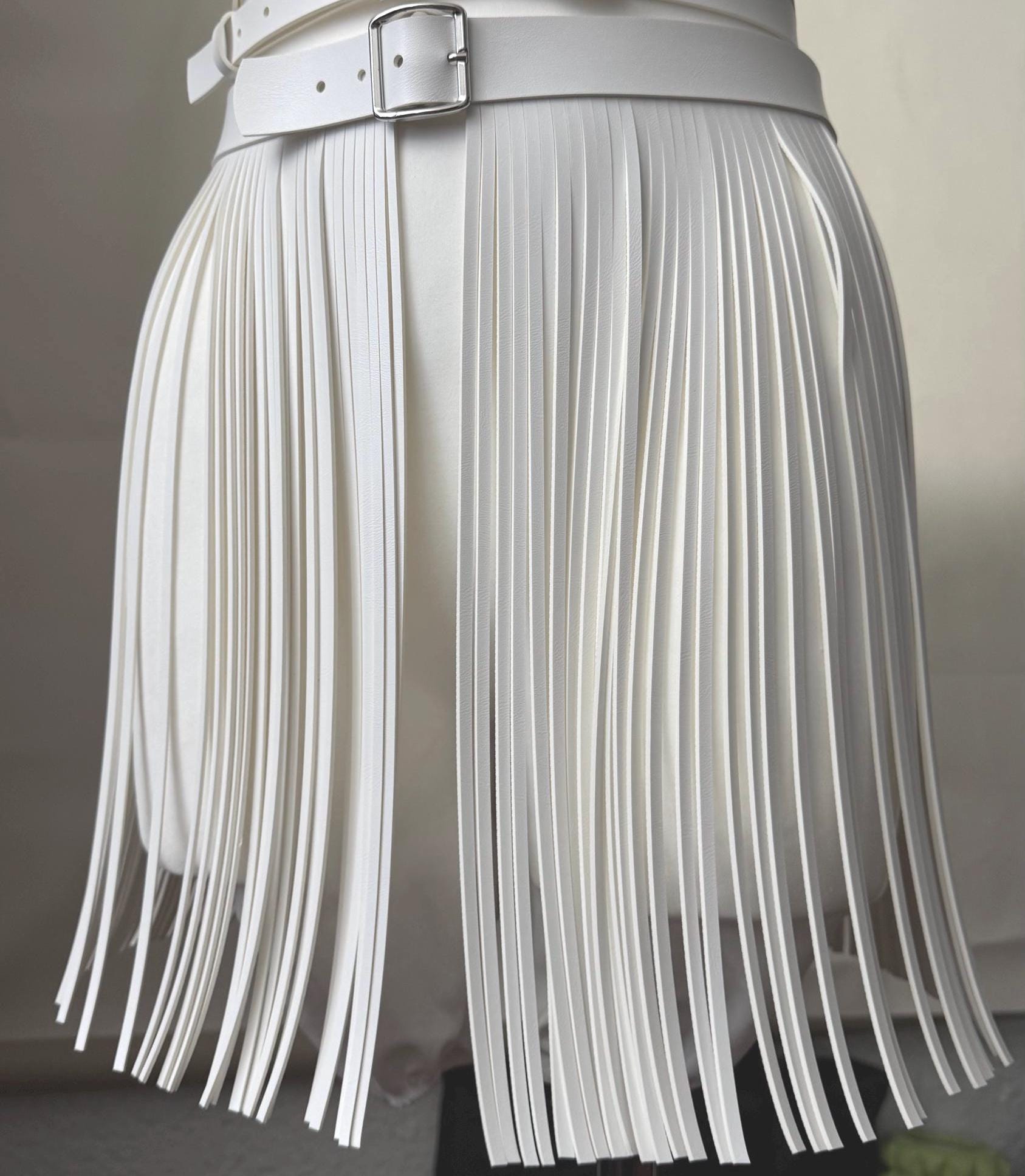White Vegan Leather Fringe 40 cm Skirt Belt - Chic Waist Accessory
