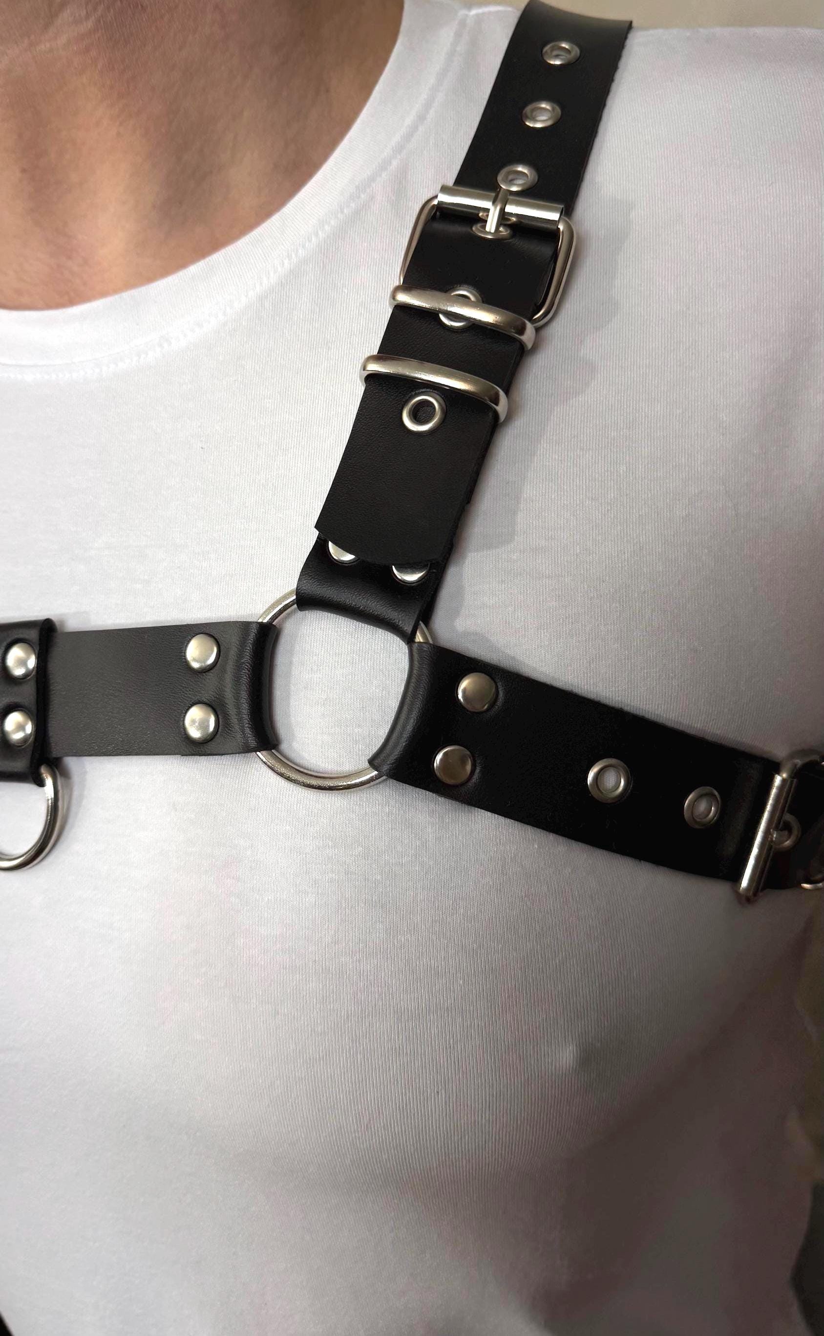 Men's Vegan Leather Chest Harness: Silver Hardware Streetwear