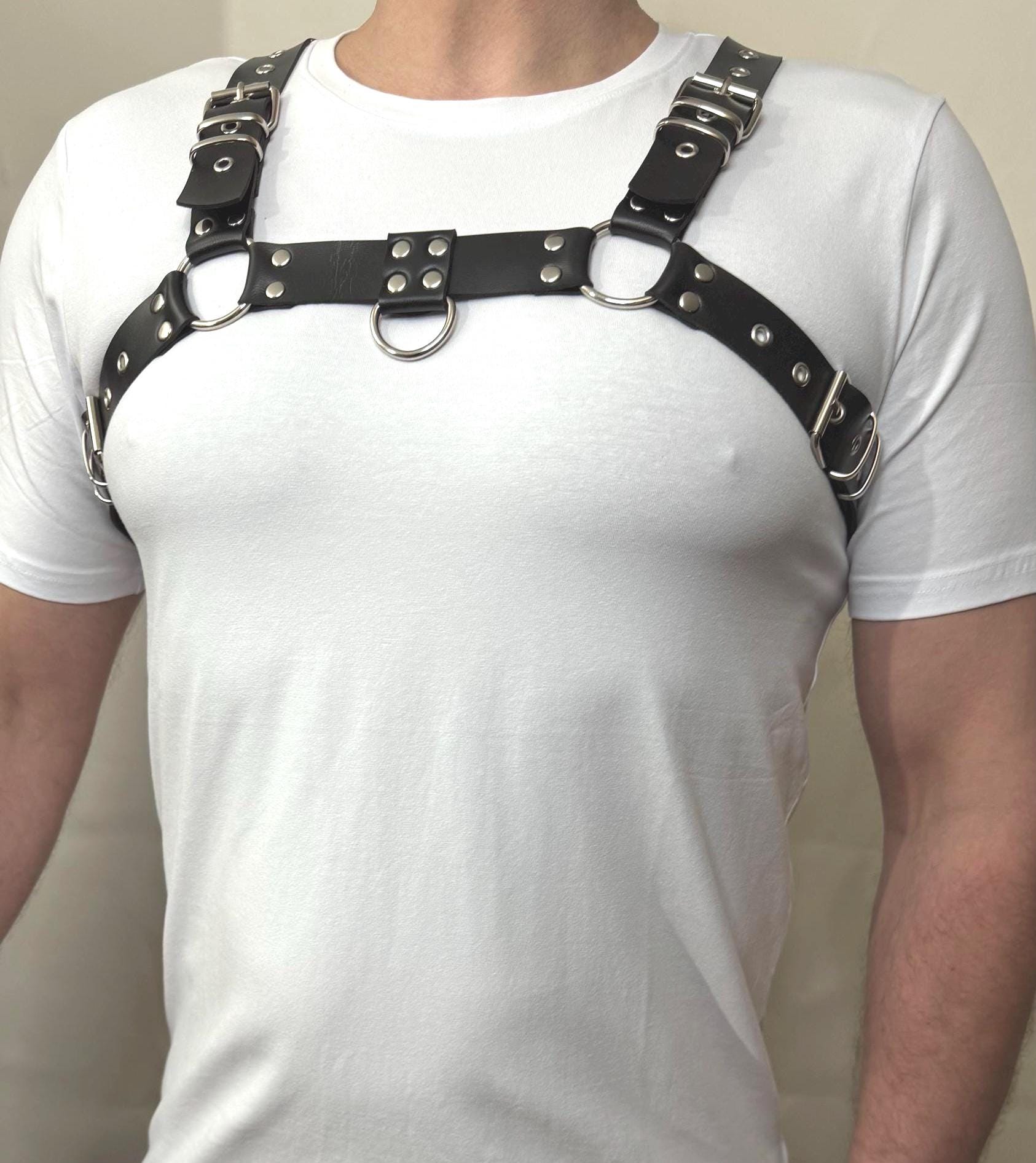 Men's Vegan Leather Chest Harness: Silver Hardware Streetwear