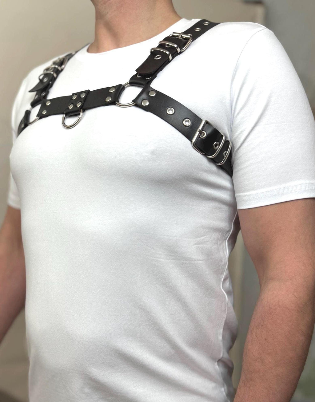 Men's Vegan Leather Chest Harness: Silver Hardware Streetwear