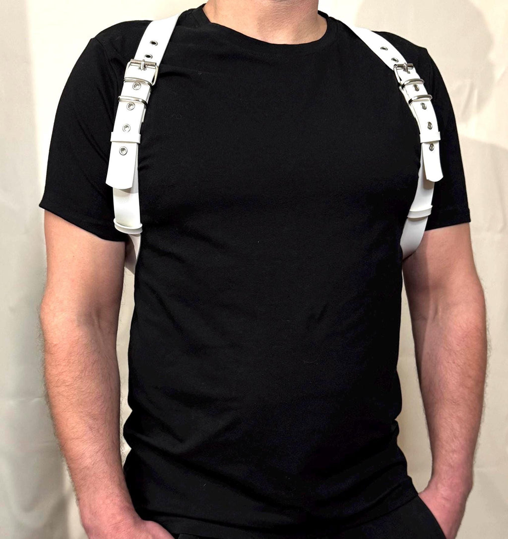 White Leather Y Back Men's Chest Harness: Adjustable Shoulder Straps