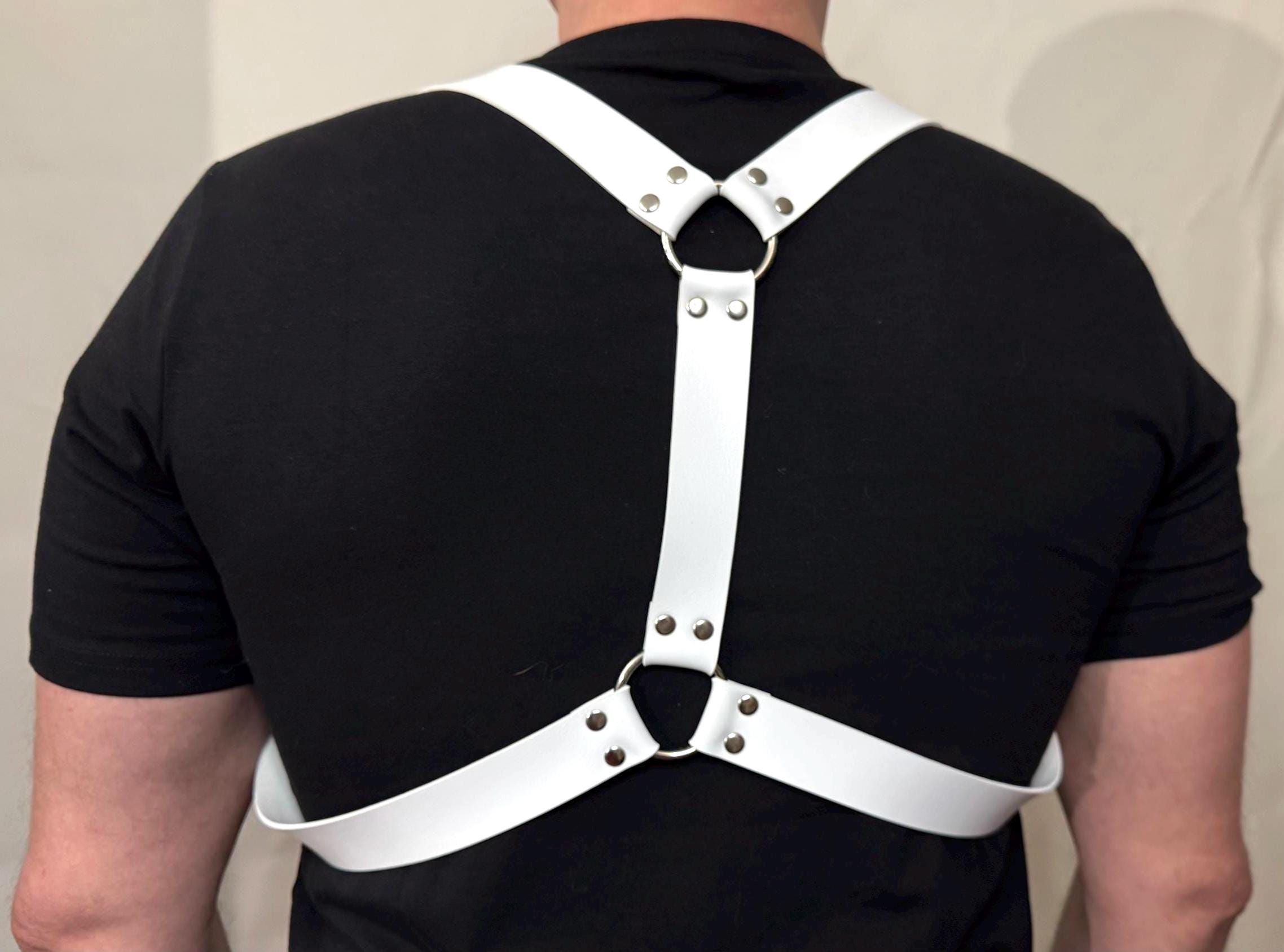 White Leather Y Back Men's Chest Harness: Adjustable Shoulder Straps