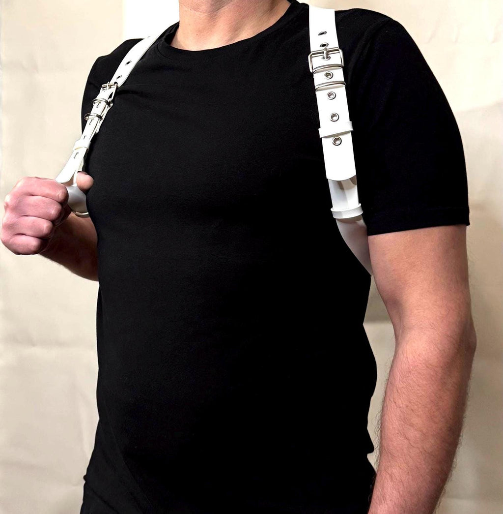 White Leather Y Back Men's Chest Harness: Adjustable Shoulder Straps