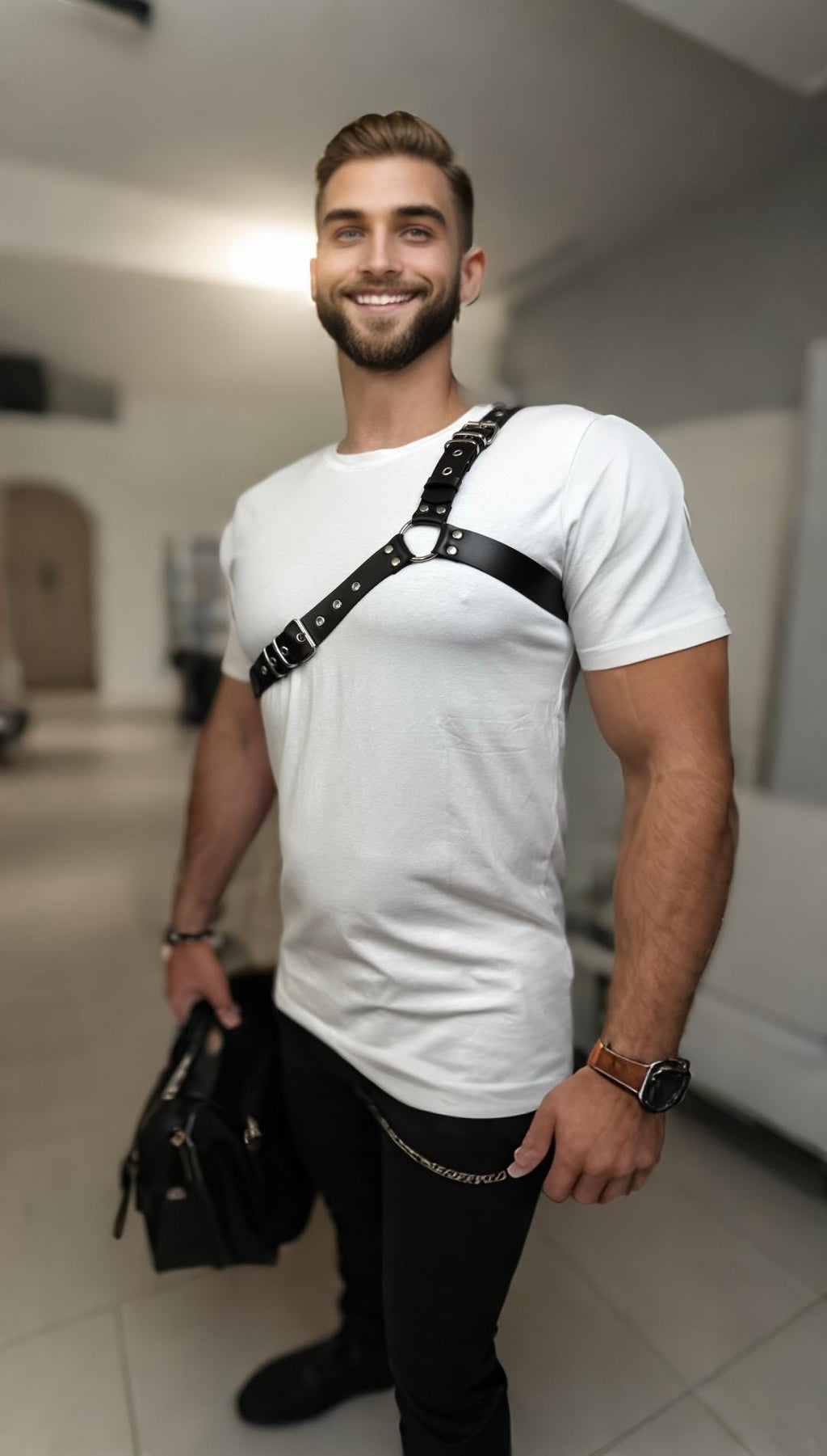 Men's Leather One-Shoulder Harness: Asymmetric Power Look