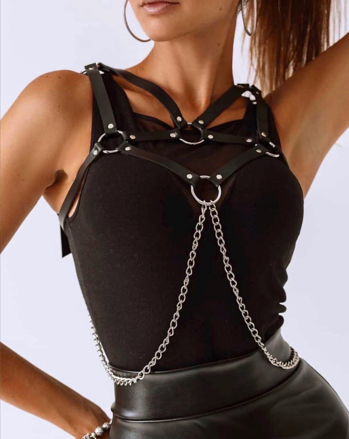 Leather Harness Top with Chain – Women’s Statement Accessory
