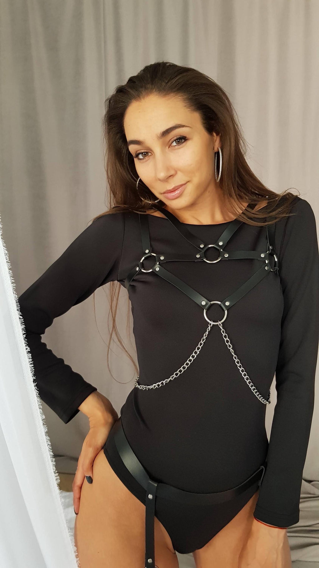 Leather Harness Top with Chain – Women’s Statement Accessory