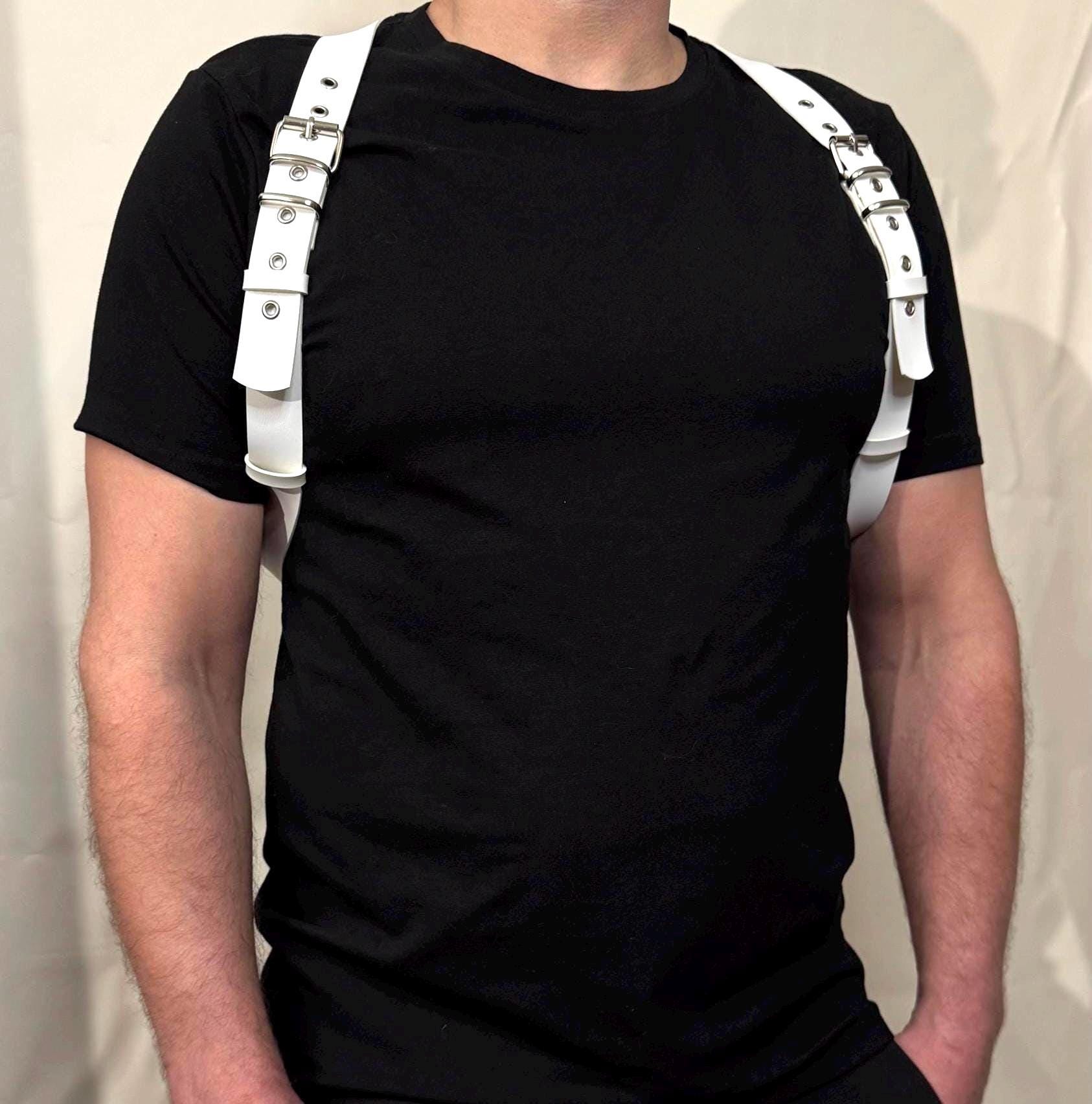 White Leather Y Back Men's Chest Harness: Adjustable Shoulder Straps