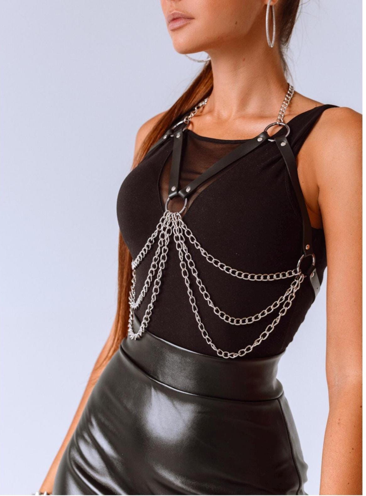 Vegan Leather Harness Top Belt  Women with  3 Chains