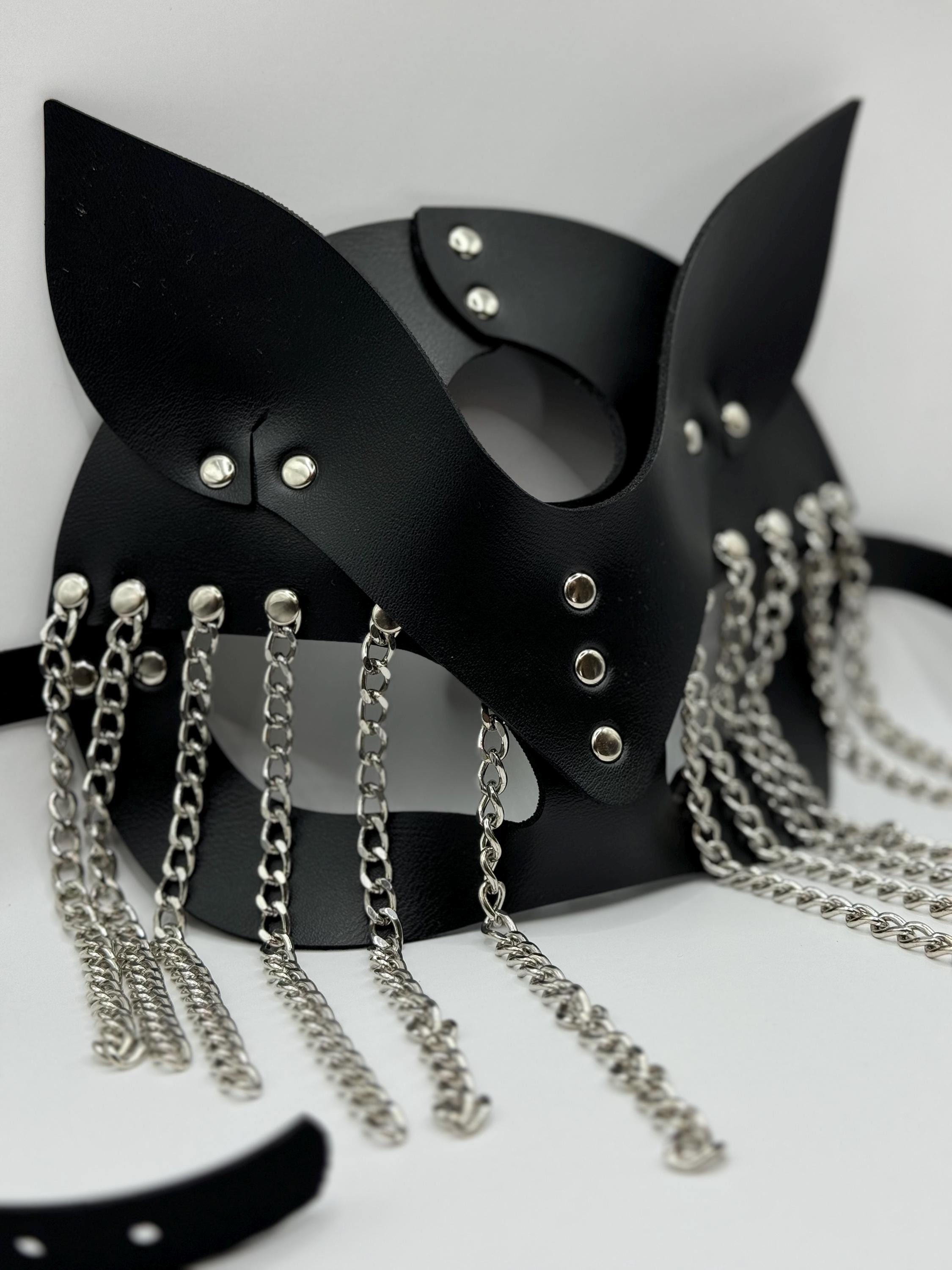 Leather Cat Mask with Chain – Handmade Costume Accessory