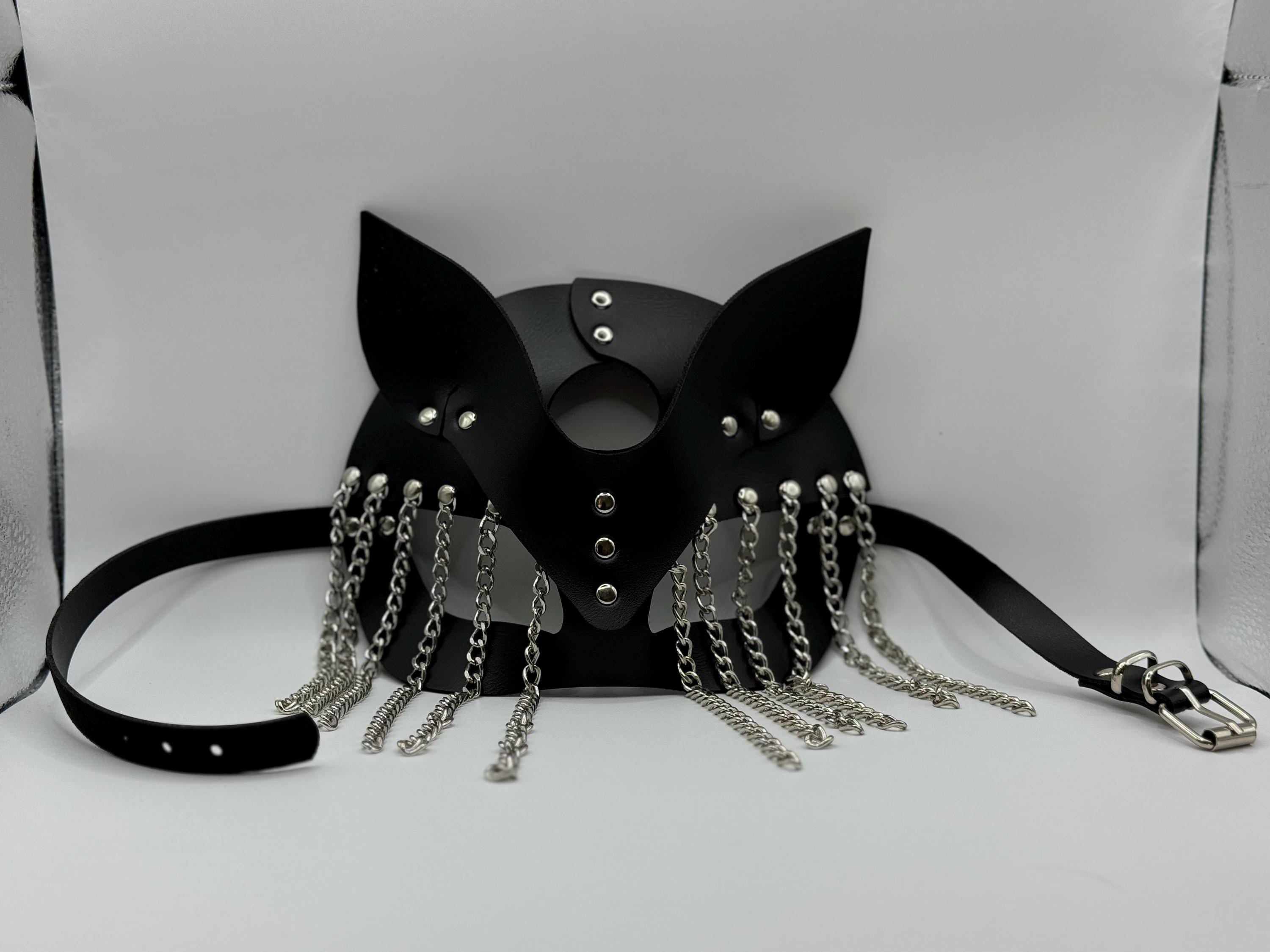 Leather Cat Mask with Chain – Handmade Costume Accessory