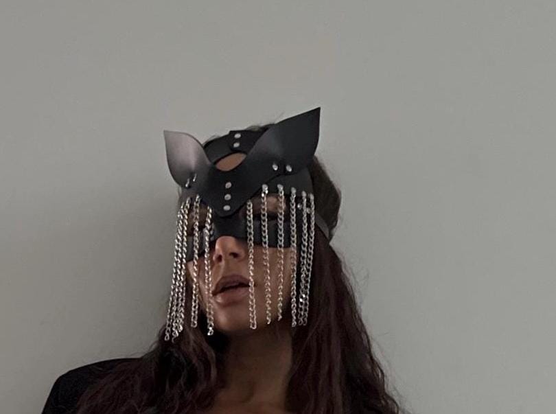 Leather Cat Mask with Chain – Handmade Costume Accessory